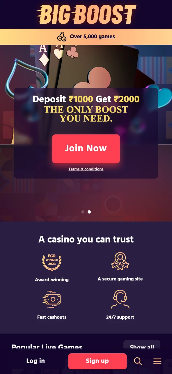 Open the main page of Big Boost casino platform.
