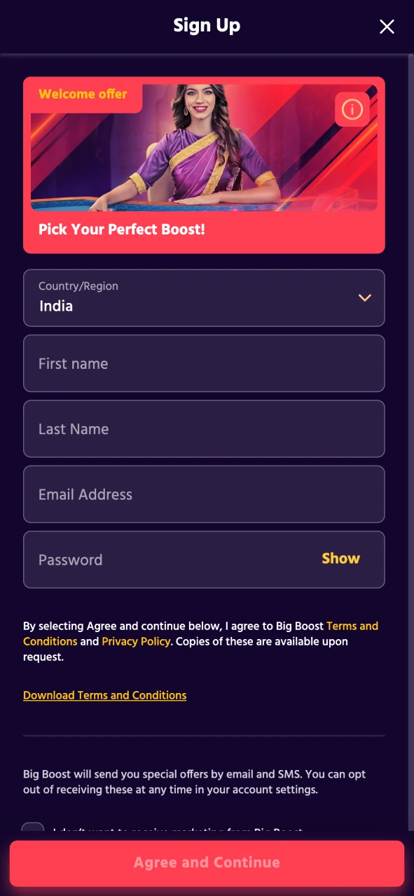 Register at Big Boost online casino website.