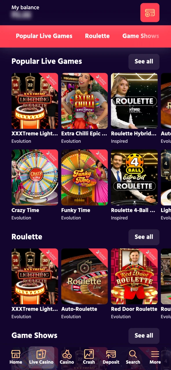Open Big Boost live casino section from the menu.