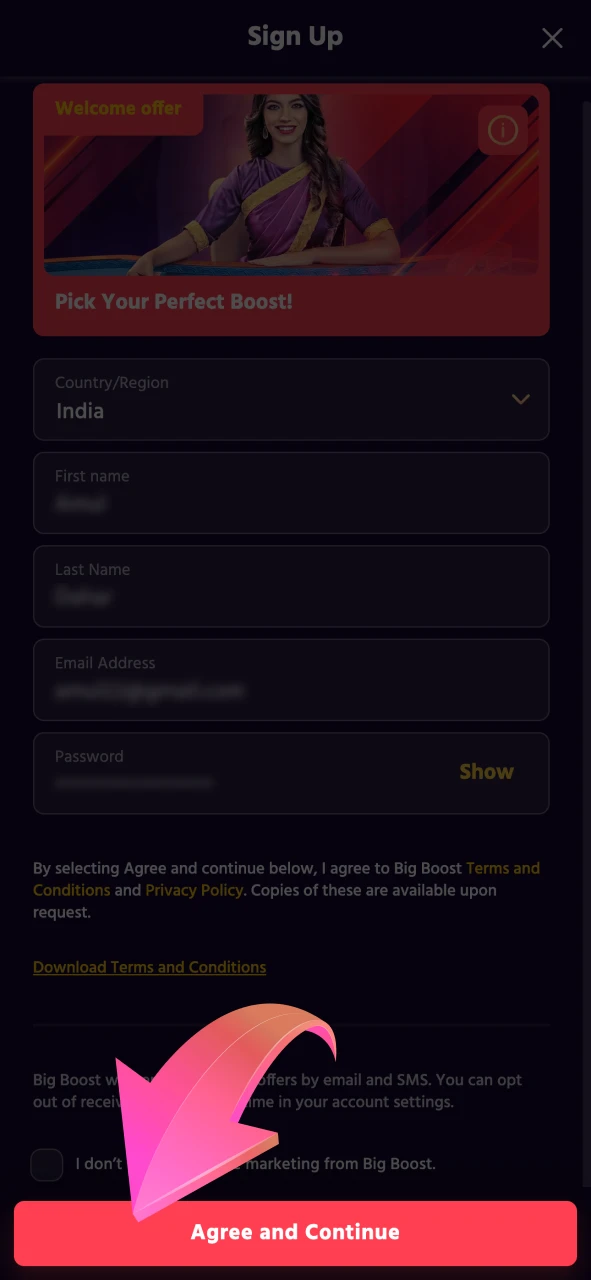 Enter your personal information on Big Boost registration form.